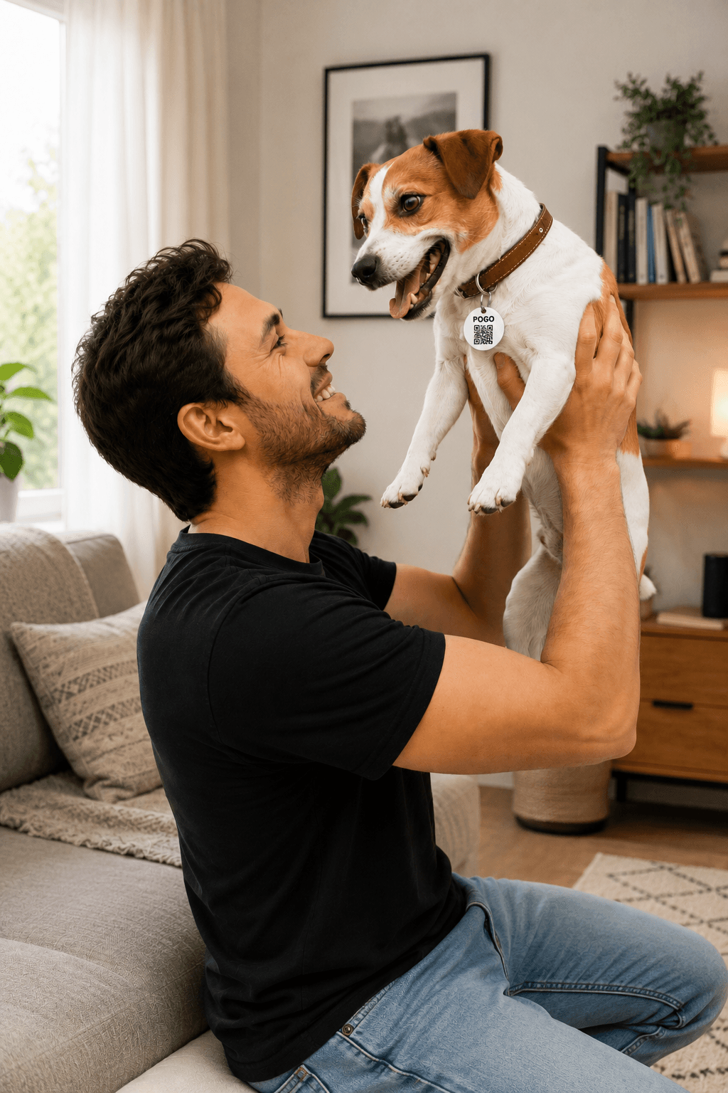 Emre, köpeği Pogo'yu kucağında yukarı kaldırıyor
