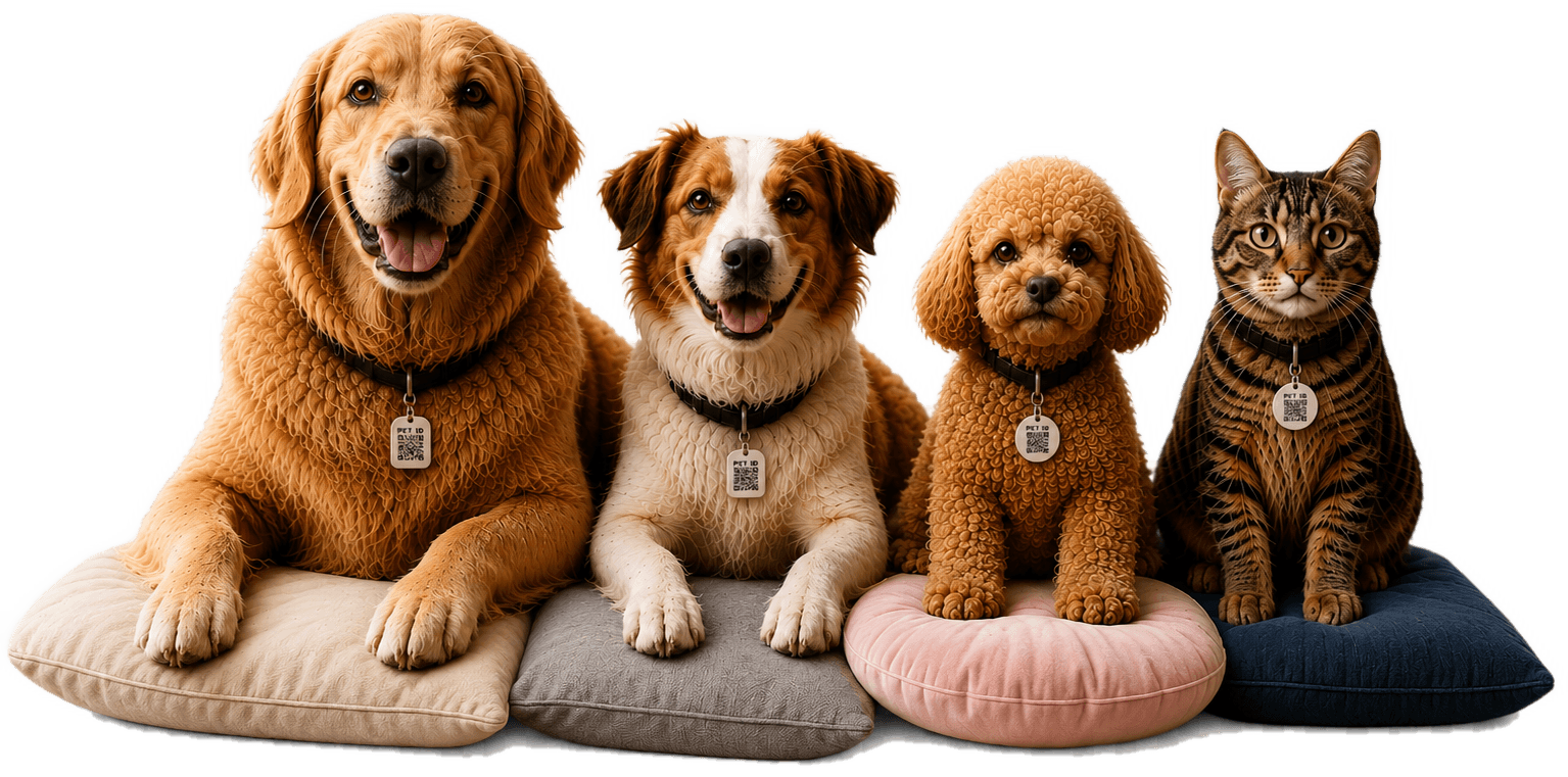 Karekodlu künye takmış üç köpek ve bir kedi