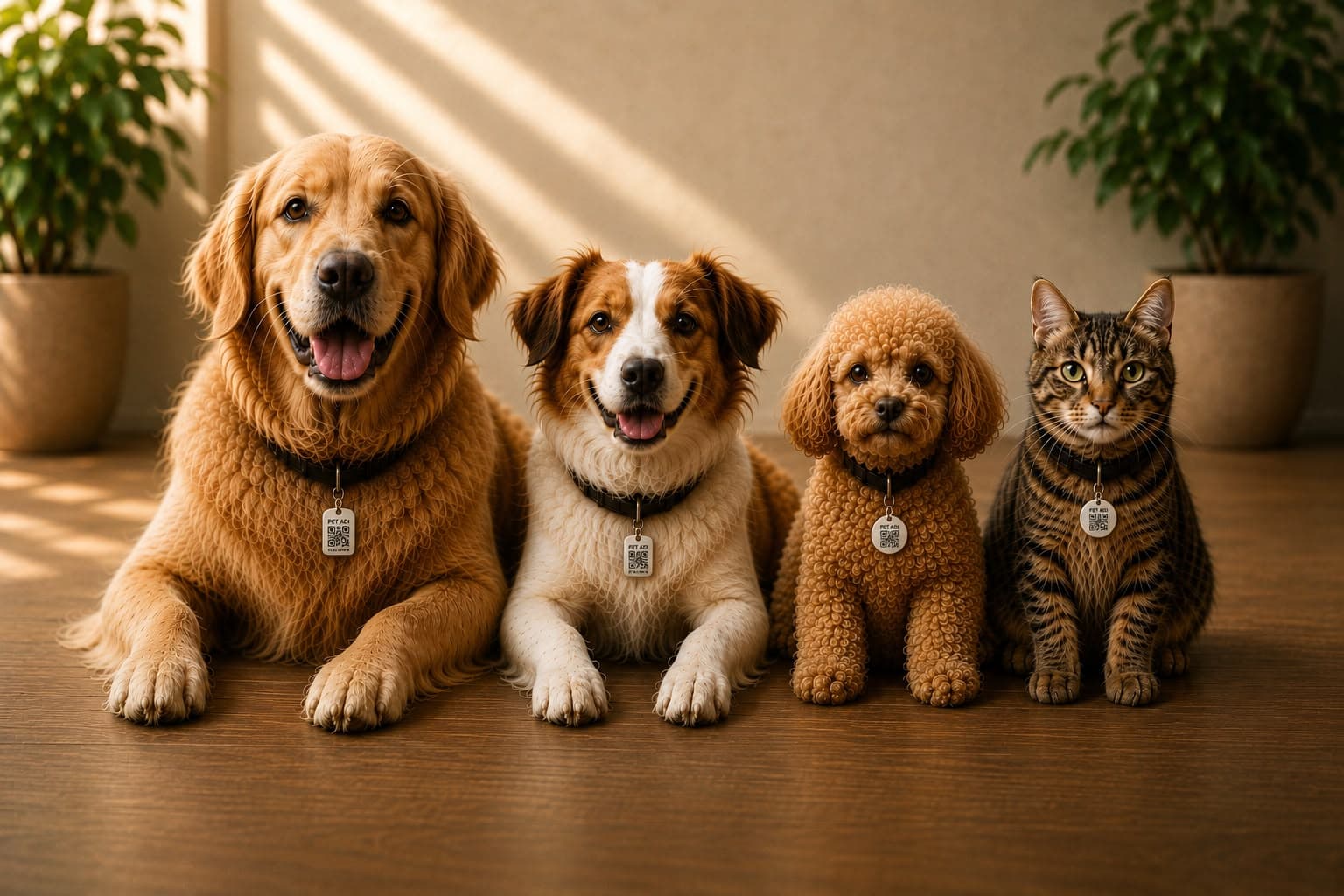 Karekodlu can dostu künyesi takmış üç köpek ve bir kedi