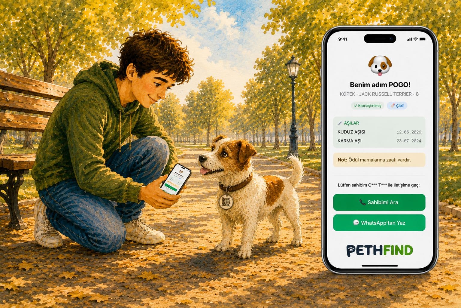 Bir kişi parkta bulduğu köpeğin künyesini telefonuyla tarıyor; yan tarafta açılan pet sayfasında 'Benim adım POGO!' yazıyor ve 'Sahibimi Ara', 'WhatsApp'tan Yaz' butonları görünüyor